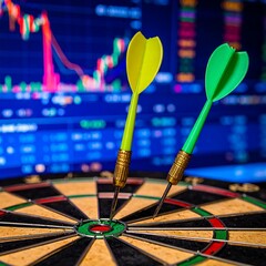 Darts on a dartboard in front of a stock market graph.