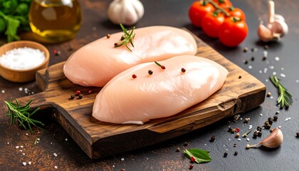 Two raw chicken breasts rest on a wooden cutting board, seasoned with herbs and spices.