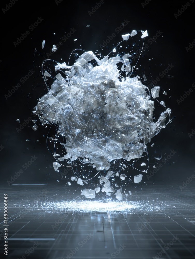 Poster floating crystal sphere surrounded by glowing particles in a futuristic setting