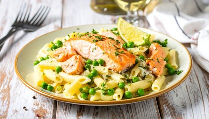 Salmon pasta dish with peas