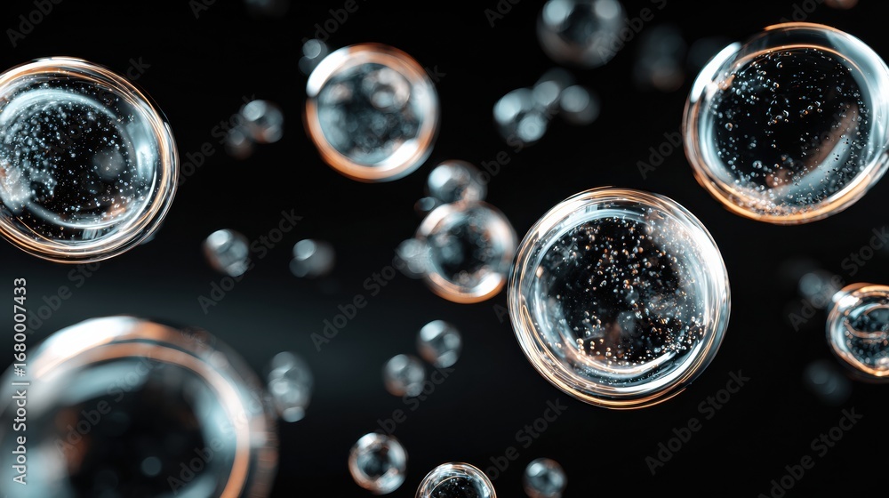 Poster floating water bubbles create artful patterns in a dark environment revealing intricate details and 