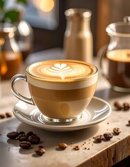 A close-up view of a latte art coffee drink in a clear glass cup, showcasing a beautiful leaf design and layered coffee crema.