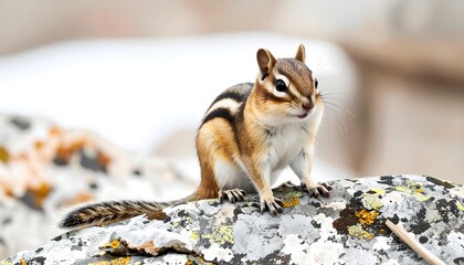 Close-up of a chipmunk perched alertly on a textured rock, its fur exhibiting a captivating mix of brown and white stripes, amidst a blurred backdrop of snow and stone.