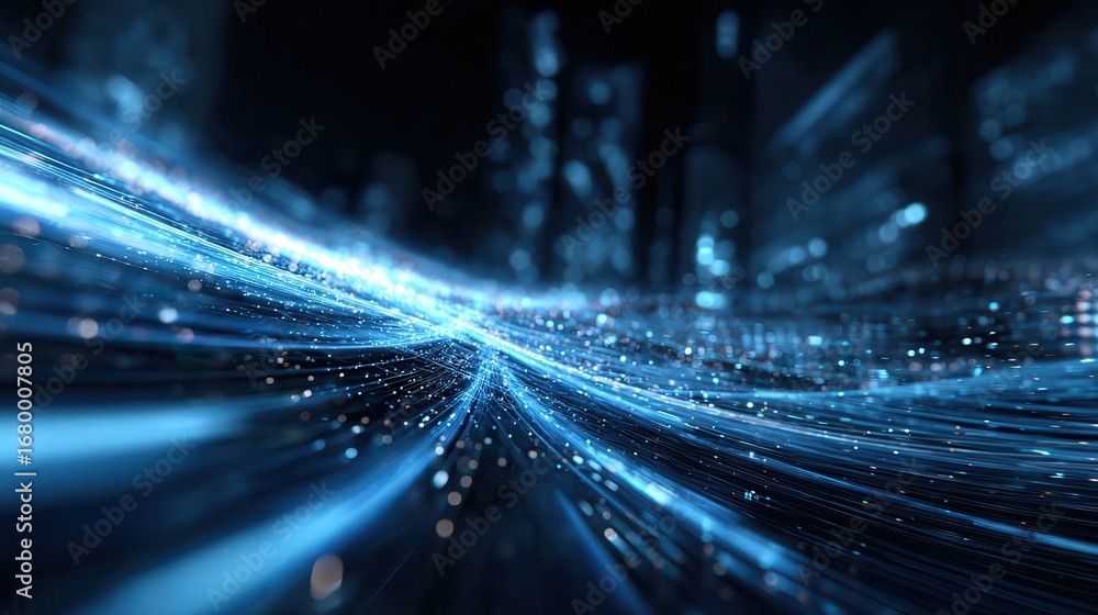 Poster a dynamic digital landscape showcasing glowing blue data streams and information graphics.