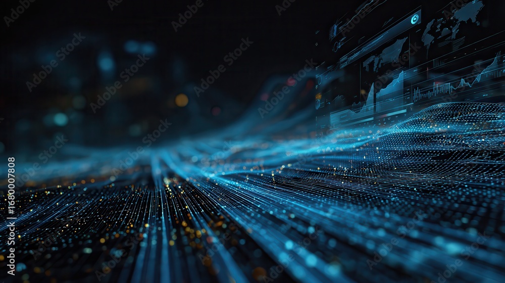 Poster a dynamic digital landscape showcasing glowing blue data streams and information graphics.