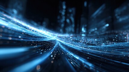 A dynamic digital landscape showcasing glowing blue data streams and information graphics.