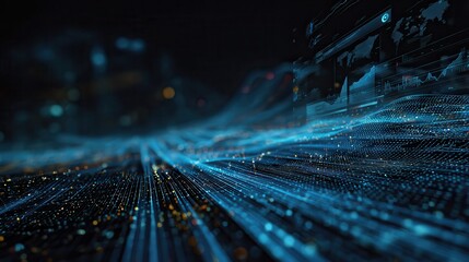 A dynamic digital landscape showcasing glowing blue data streams and information graphics.