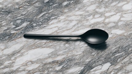 A minimalist black spoon elegantly placed on a marble surface, representing modern kitchen design and contemporary dining aesthetics. Perfect for food presentation.