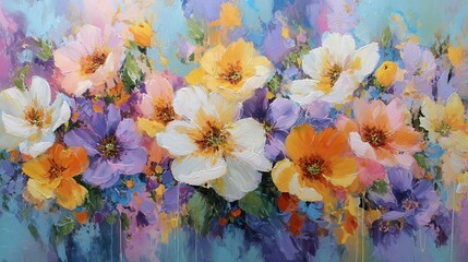 Abstract Colorful Floral Painting with Pastel and Orange Hues.