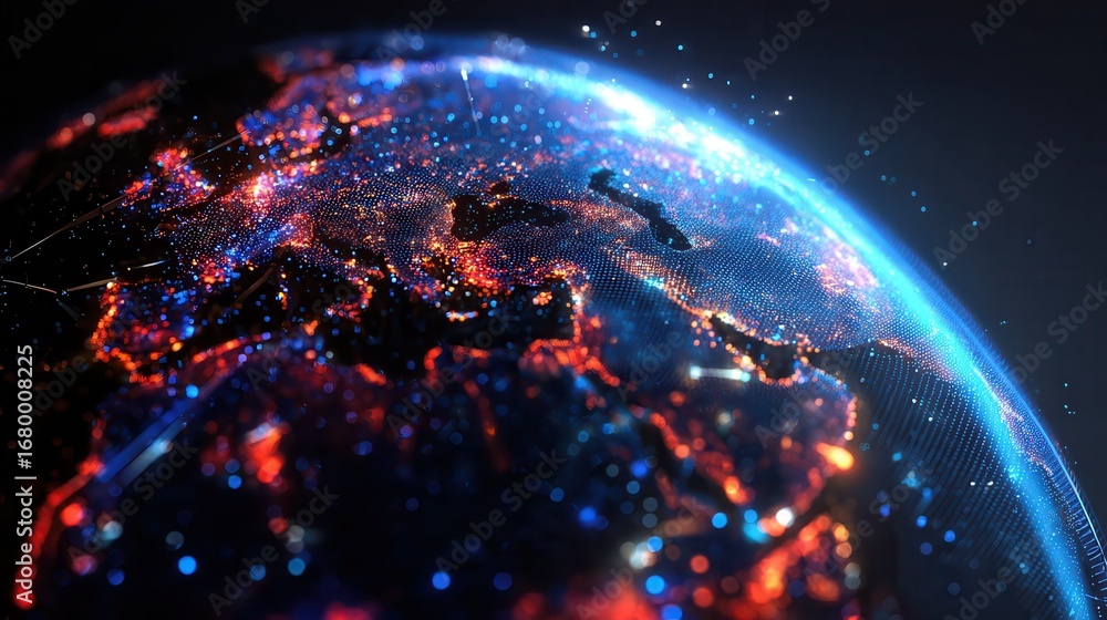 Poster digital globe representing global connectivity with vibrant blue and red lights, symbolizing technol