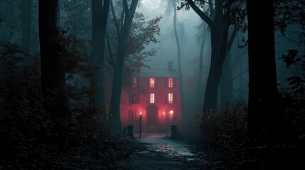 Eerie glowing red house in woods with mysterious atmosphere, surrounded by tall trees and misty path leading to entrance.