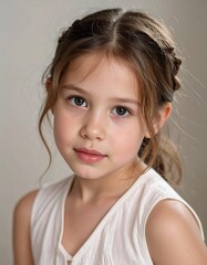 Close-up portrait of a young girl with a thoughtful expression and styled hair.