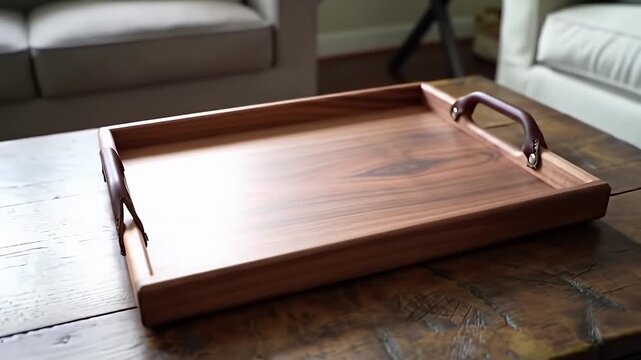 Wooden Serving Tray with Leather Handles on a Dark Wood Coffee Table Indoors