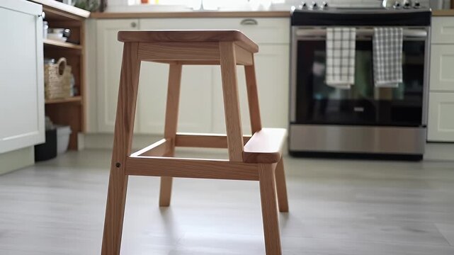 Wooden Step Stool in Modern Kitchen with White Cabinets and Stainless Steel Oven