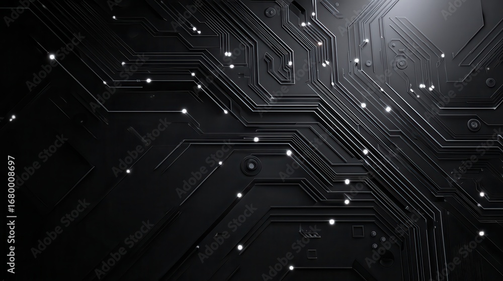 Poster modern abstract background with black circuit patterns and geometric shapes, creating sleek and tech