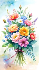 A vibrant bouquet of colorful flowers, painted in watercolor, features a variety of blossoms, leaves, and stems.  The soft, pastel shades and painterly style create a gentle and romantic mood.
