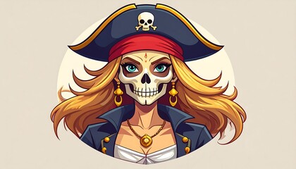 A captivating portrait of a female pirate with a skull-themed face, detailed in bold colors, set against a neutral backdrop.