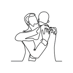 Continuous line of two man hug each other success team work partnership. Editable stroke sketch line drawing vector illustration