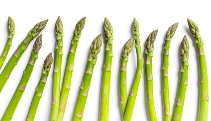 Fresh asparagus spears arranged on a white background