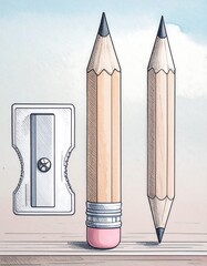 Two pencils of differing lengths, accompanied by a pencil sharpener, are presented in a detailed illustration.