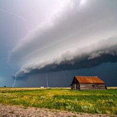Dramatic Storm Clouds Gather Over A Rustic Barn In A Grassy Field With Lightning Strikes.