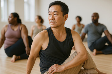 Focused mature man practicing seated yoga twist pose in group class, diverse adults stretching on wooden floor, wellness activity