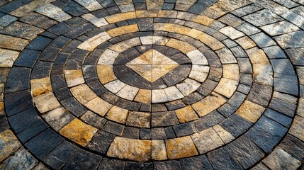 A circular pattern of interlocking stone tiles in black, brown, and gold colors, arranged in a symmetrical, concentric circle with a central diamond shape