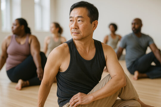 Focused mature man practicing seated yoga twist pose in group class, diverse adults stretching on wooden floor, wellness activity - Powered by Adobe