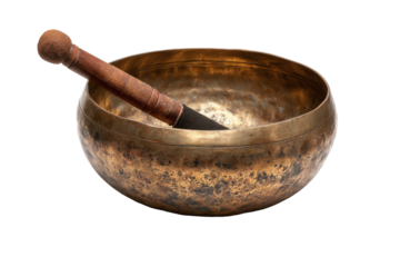 Antique Singing Bowl with Mallet on Transparent Background