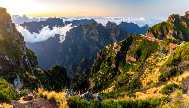 A breathtaking vista of a mountain range, showcasing winding roads, lush greenery, and dramatic cloudscapes at sunrise.