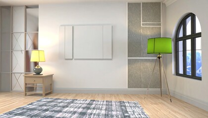 A minimalist interior design, featuring a light beige wooden nightstand, a soft yellow table lamp, and a striking lime green floor lamp, set against a clean white wall with decorative panels,...