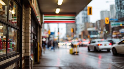 Close shot at a citybased gas station planning area highlighting architectural details of the convenience store entrance while urban street scene blurs behind.