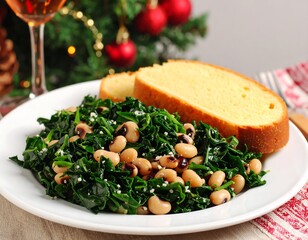 Festive spinach and black-eyed peas dish with bread