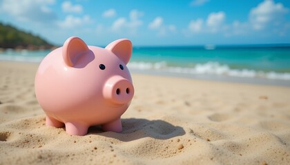 A pink piggy bank sits on a sandy beach, symbolizing vacation savings and financial planning.