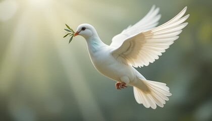 Fototapeta premium A white dove soars, carrying an olive branch in its beak, illuminated by sunlight, symbolising hope