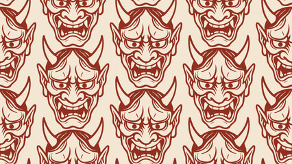 Red and Cream Japanese Oni Mask Pattern