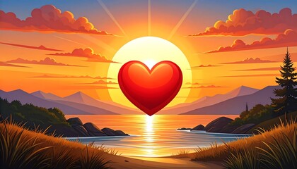 A vibrant sunset landscape features a large red heart floating above a serene ocean vista.