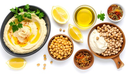 Overhead view of hummus and ingredients