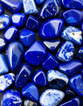 Close-up view of tumbled lapis lazuli stones, showcasing their vibrant blue hues and unique patterns.