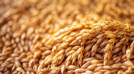 Obraz premium A pile of wheat ears, with a golden-brown hue, resting on a wooden surface. The background is blurred, drawing focus to the wheat.