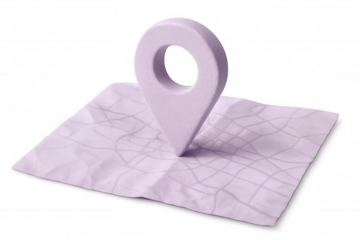 Location marker pinpointing specific destination on pastel purple folded map, highlighting travel navigation concept with transparent background