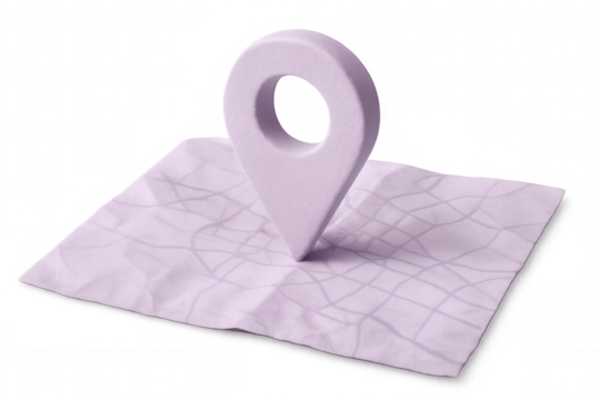 Location marker pinpointing specific destination on pastel purple folded map, highlighting travel navigation concept with transparent background