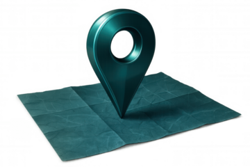 Metallic turquoise location pin marking folded map, highlighting travel navigation concept with transparent background