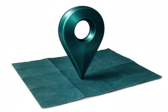 Metallic turquoise location pin marking folded map, highlighting travel navigation concept with transparent background - Powered by Adobe