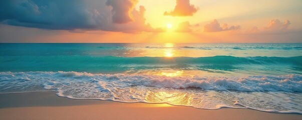 Relaxing beach scene at sunset, turquoise water, soft sand, gentle waves lapping the shore Perfect for travel, vacation, and summer themes , tropical, yellow