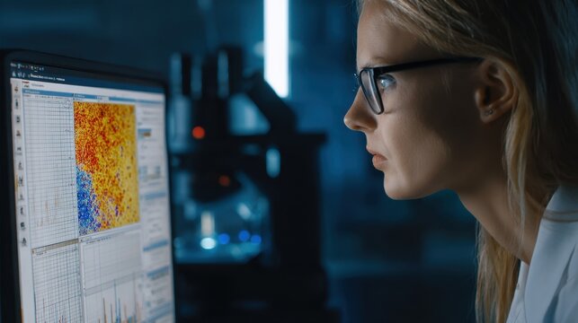 Medium shot highlighting a scientists face concentrated on gating strategy visualization with detailed flow cytometry scatter plots in crystalclear foreground.