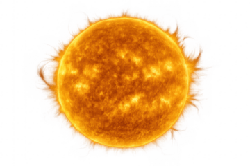 Sun emitting solar flares on transparent background