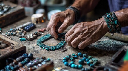 An elderly man's hands crafting turquoise beads on a rustic wooden table, surrounded by various beads and jewelry-making tools.