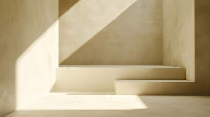 A minimalist, neutral-colored room with a concrete floor and walls, featuring a large, rectangular, light-colored platform with a step leading up to it.