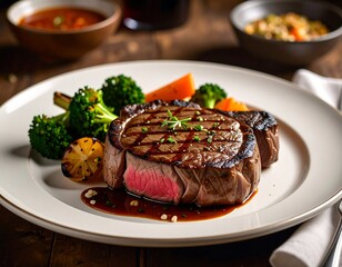 A perfectly cooked steak, beautifully presented with roasted vegetables, sits invitingly on a white plate, showcasing a rich brown crust and juicy interior.